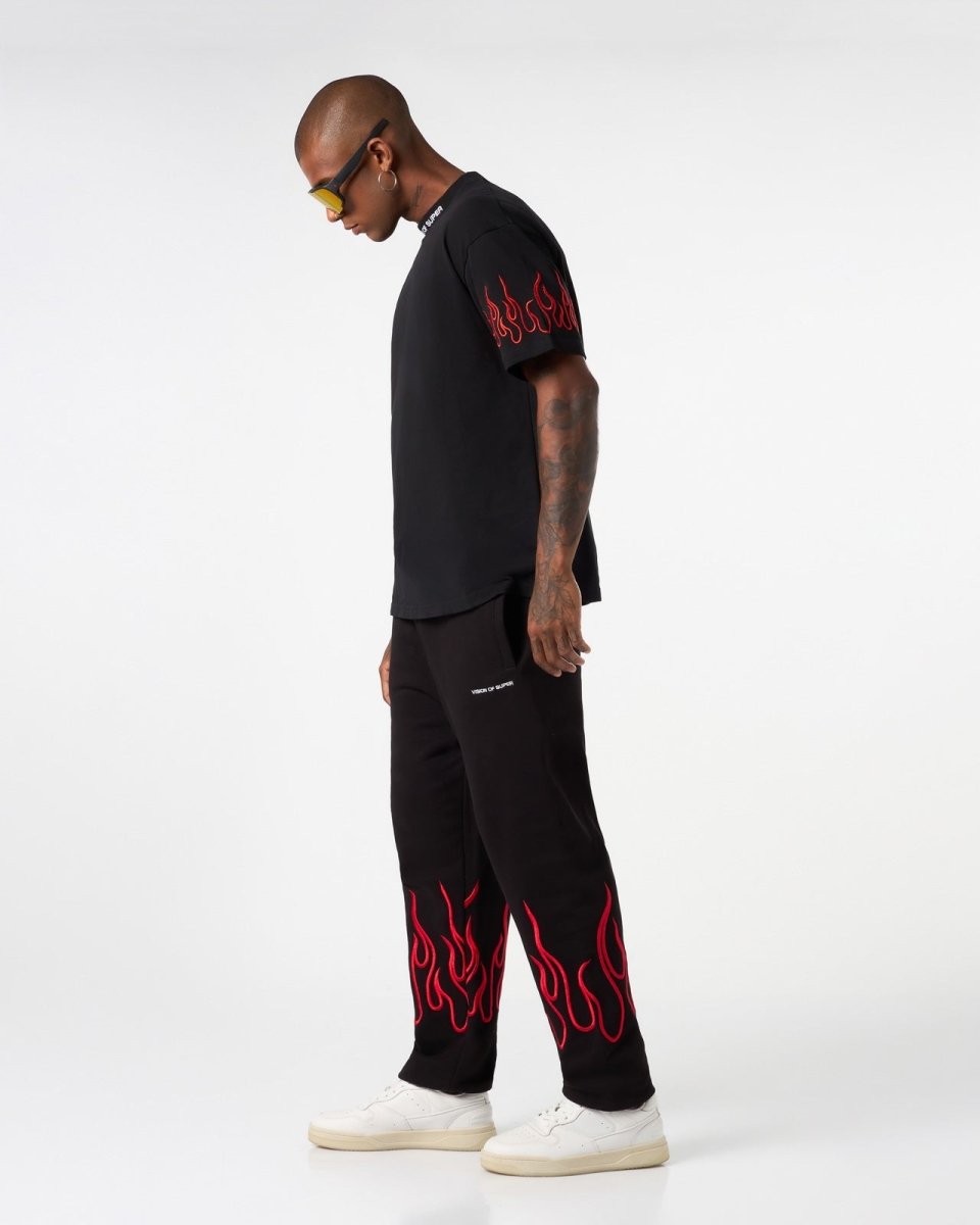 Vision Of Super BLACK PANTS WITH RED EMBROIDERED FLAMES Economico