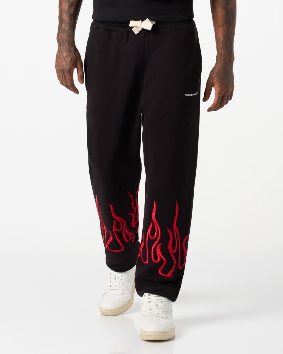 Vision Of Super BLACK PANTS WITH RED EMBROIDERED FLAMES Economico