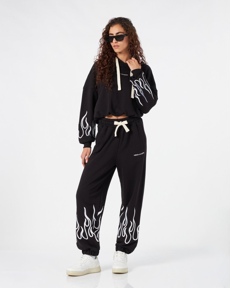 Vision Of Super BLACK WOMAN PANTS WITH WHITE EMBROIDERED FLAMES Online