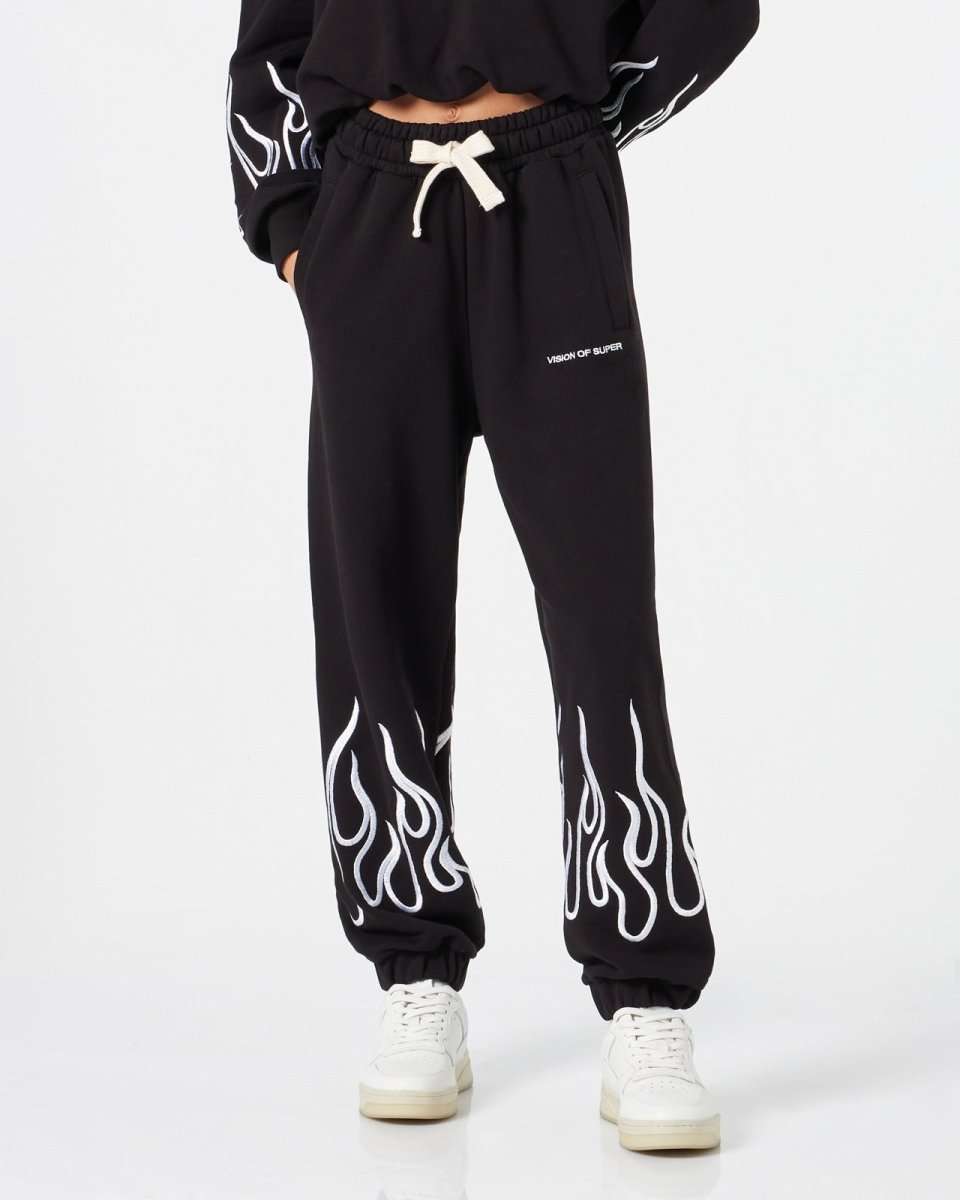 Vision Of Super BLACK WOMAN PANTS WITH WHITE EMBROIDERED FLAMES Online