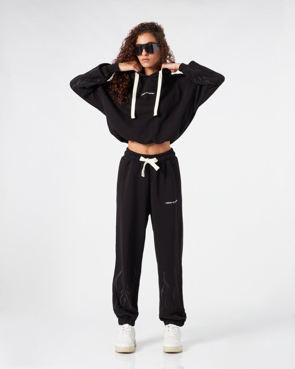 Vision Of Super BLACK WOMAN PANTS WITH BLACK EMBROIDERED FLAMES In Vendita