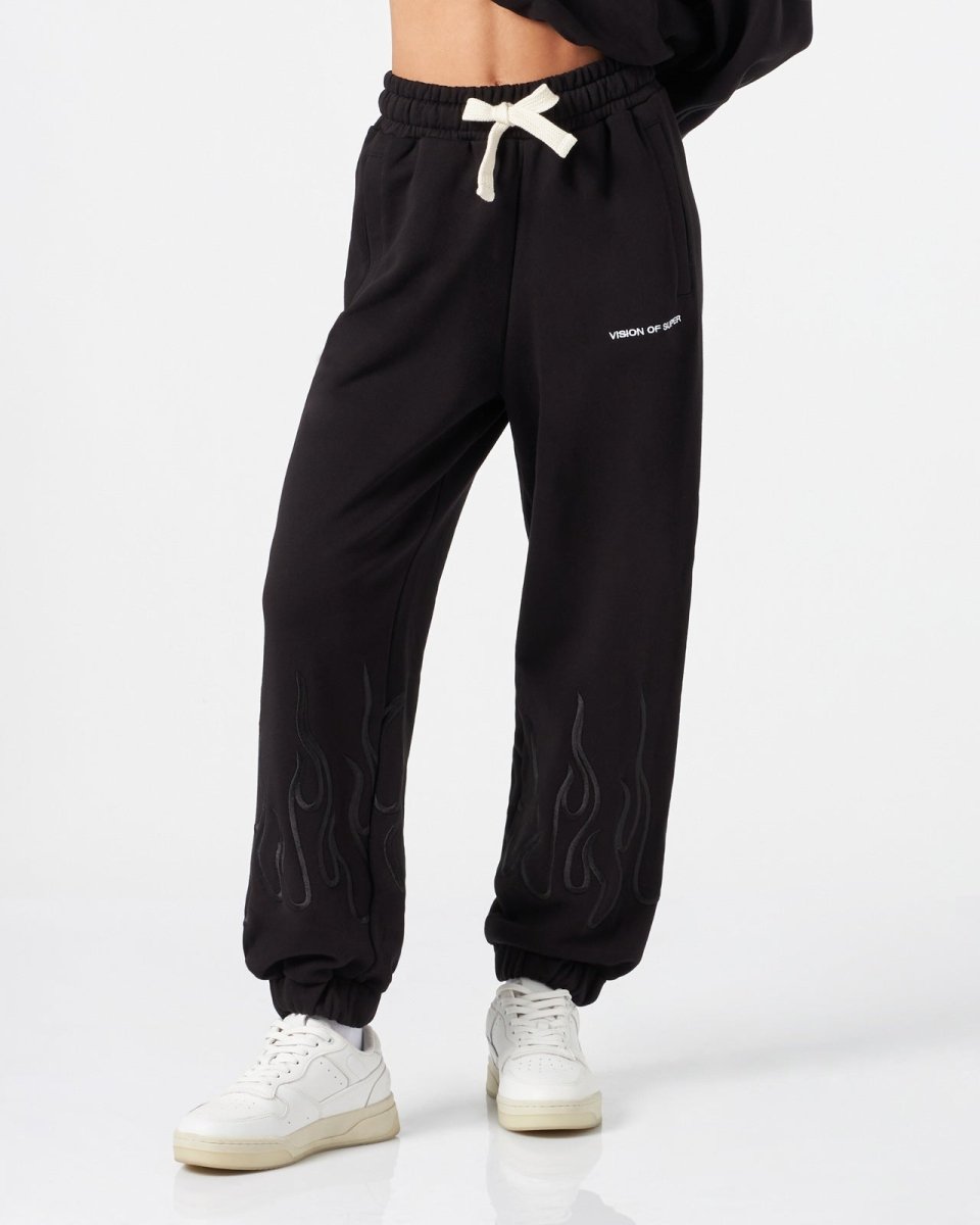 Vision Of Super BLACK WOMAN PANTS WITH BLACK EMBROIDERED FLAMES In Vendita
