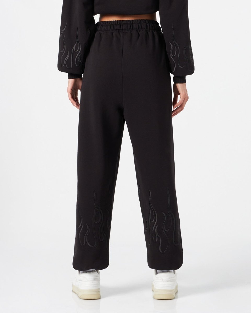Vision Of Super BLACK WOMAN PANTS WITH BLACK EMBROIDERED FLAMES In Vendita