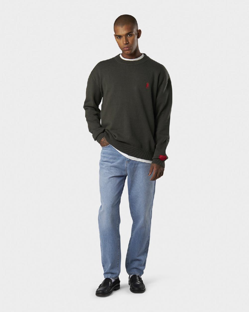 Vision Of Super MILITARY GREEN SWEATER WITH RED FLAME AND PRINTED LOGO Vendita calda