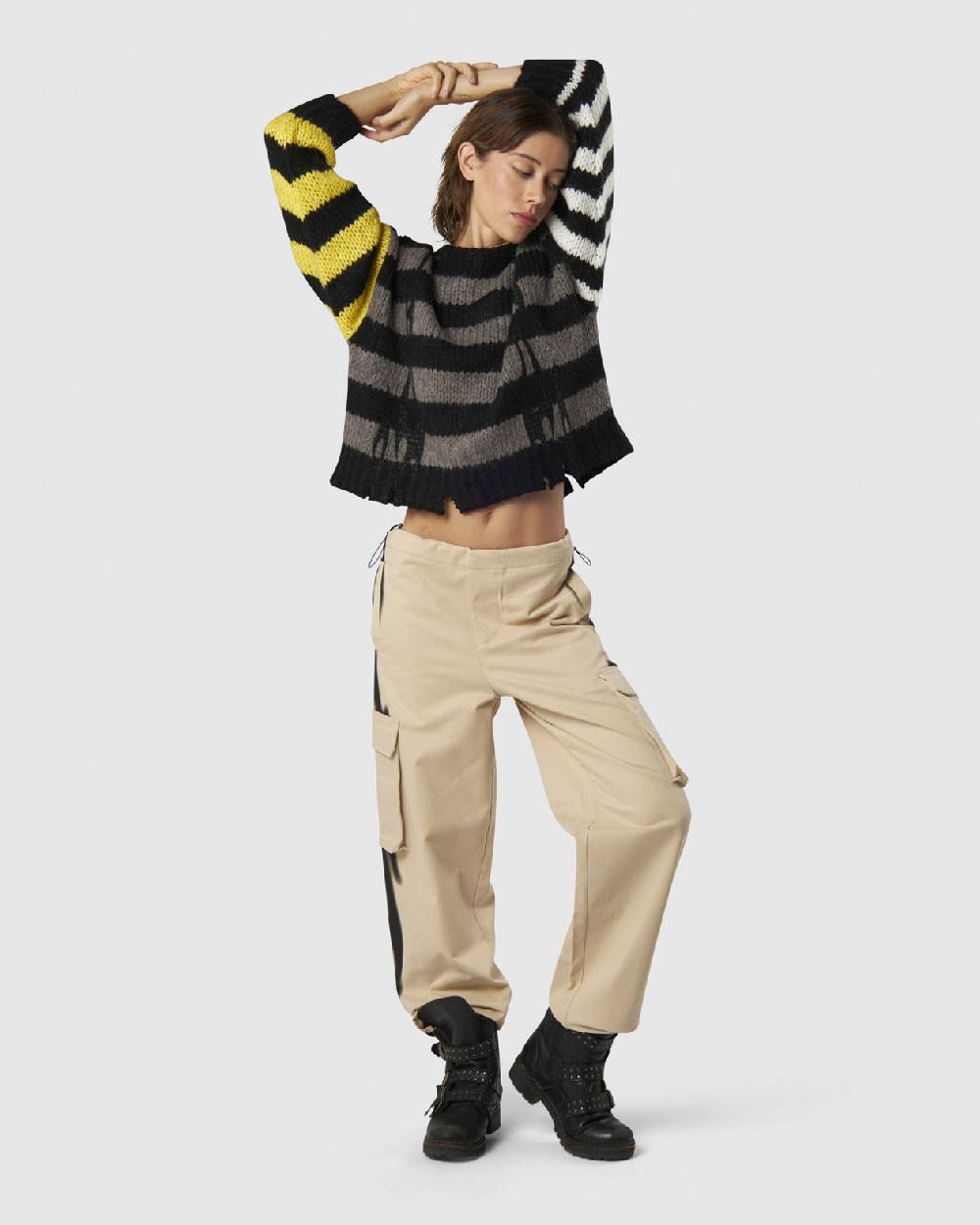 Vision Of Super JUMPER WITH IRREGULAR STRIPES BLACK WHITE GRAY AND YELLOW AND PRINTED LOGO + FLAMES Italy
