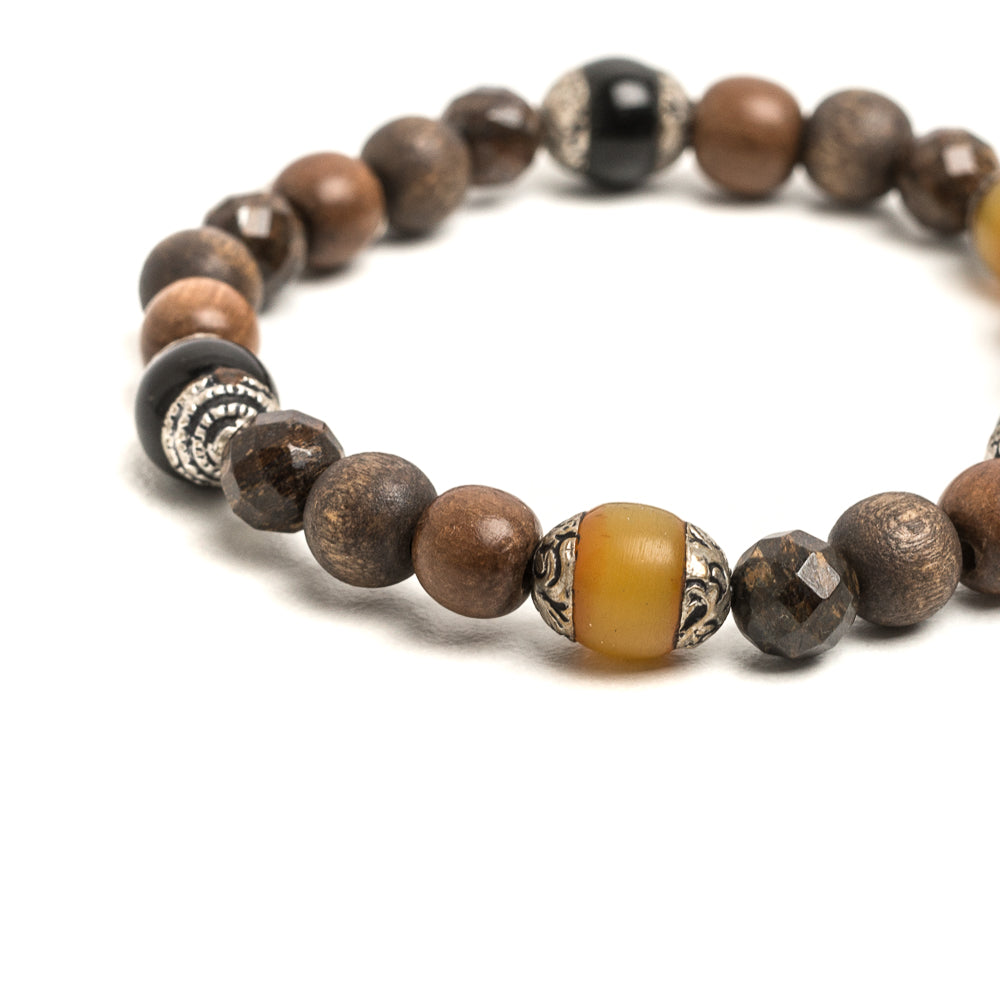 D'AMICO Bracciale Iresh / Elastico Perle Tuareg + Legno + Bronzite Consegna Veloce