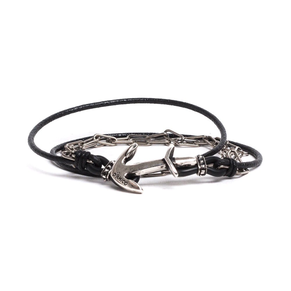 D'AMICO Bracciale Cuoio + Ancora e Catenine