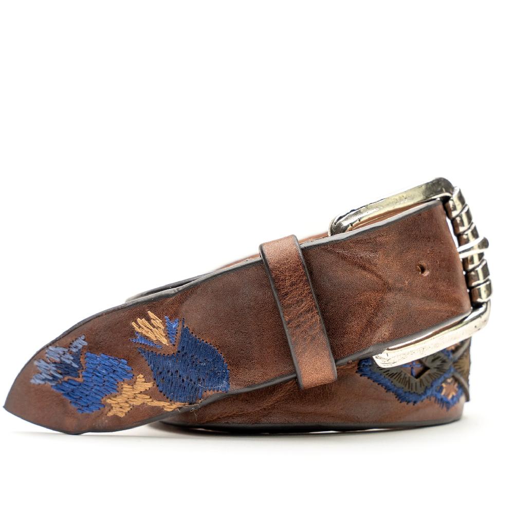 D'AMICO Cintura Cuoio Vintage Brown Floral Blue Consegna Veloce